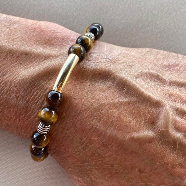 Men's Bracelet Tiger Eye and 14k Gold Filled | Bracelet pour Homme en Oeil de Tigre & Or rempli 14k | Protection-Prosperity-Luck-Intuition