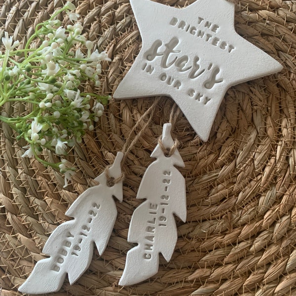 Large hanging star and feather sentimental, memorial sign. Present, gift idea, brightest star in the sky