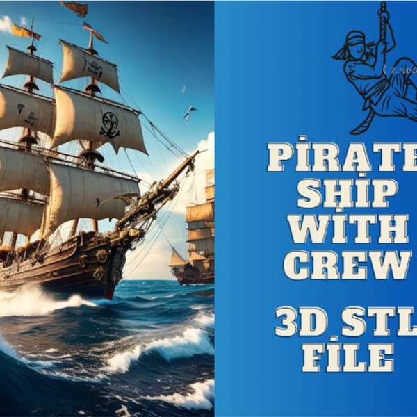 Bateau pirate 3D avec équipage, Stl 3D pirate, fichier Stl 3D, Dowland numérique, imprimante 3D, bateau pirate