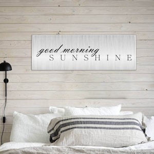 Letrero de buenos días con sol: decoración de dormitorio con vibraciones positivas, letrero de granja, arte de pared sobre la cama, decoración de motivación matutina