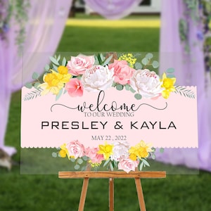 Letrero de bienvenida acrílico para la entrada de la boda, con flores rosas y amarillas para novios, decoración para baby shower, letrero de recepción personalizable, letrero de iglesia.
