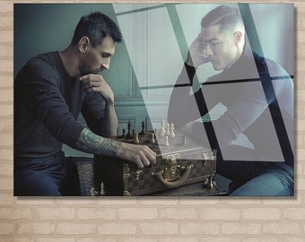Messi Ronaldo Chess Game Tempered Glass Wall Art