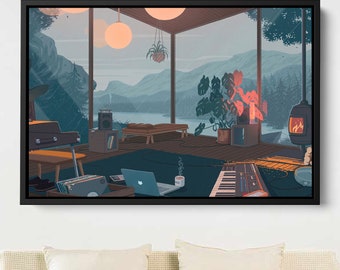 Lo-fi Anime City Canvas Art | Music Studio Cabin Print