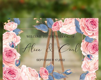 Custom Acrylic Wedding Welcome Sign – Pink & Blue Floral