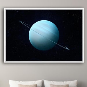 May include: A framed print of a blue planet with rings against a black starry background.