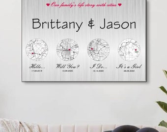 10th Anniversary Gift, Personalized Map on Aluminum, Love Story