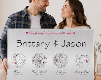 Personalisierte Stadt Karte Timeline Metalldruck, Benutzerdefinierte Love Story Map Wandkunst