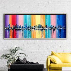 Abstract Colorful City Art - Rainbow Skyline Canvas Print for Living Room Wall Decor, Colorful Cityscape Printing - Framed Canvas Art- Gift