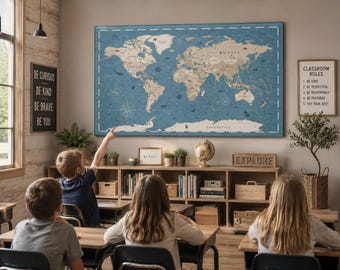 Quadro su tela con mappa del mondo vintage: grande decorazione da viaggio per ufficio, stampa blu esplorativa per pareti.