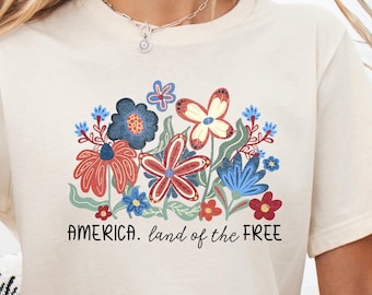 Floral America Tshirt, Land of the Free, 4th of July Shirt, Fourth of July Gift, Patriotic Tee, Independence Day Shirt, American Mom