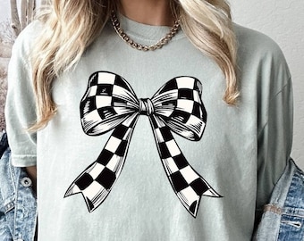 Comfort Colors Shirt, Checkered Coquette Bow Tee, Checkered Pattern Tee, Checkered Ribbon Tee, Black Checkered Tee, Coquette Woman Shirt