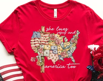 Ze houdt van Jezus Tee, ze houdt van Amerika Tee, 4 juli Tee, Believer Tee, American Map Tee, Land Of Free Tee, Home Of Brave Tee, USA Flag Tee