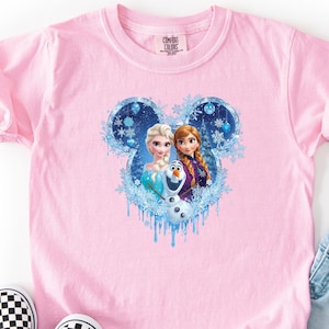 Princess Elsa, Anna, and Olaf Winter Shirt, Comfort Colors Gift, Disney Elsa Frozen Shirt, Frozen Character Tee, Mickey Head Shirt image 1