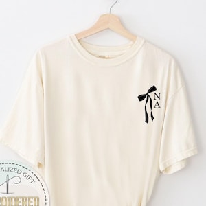 Custom Initial Bow Ribbon Embroidered Crewneck Shirt, Comfort Colors, Bachelorette Party Gift, Bridal Shower Party Tee, Bridesmaid Gift