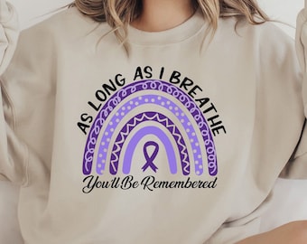 As Long As I Breathe You'll Be Remembered T-Shirt, Alzheimer's Awareness Rainbow Tee, Purple Ribbon Sweatshirt, Cute Mental Health T-Shirt