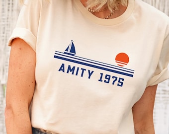 Amity 1975 Shirt, Amity Island Shirt, Vintage Amity 1975 Shark T-Shirt, Funny Graphic Tee, Beach Vacation Shirt, Gift for Her