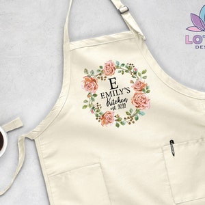 Custom Flower Wreath Apron, Aprons For Women, Ruffle Name Apron, Cooking Personalized Apron, Personalized Floral Apron, Custom Flower Apron