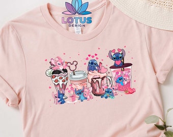 Valentines Coffee Shirt, Valentine Stitch And Angel Shirt, Disney Valentine Shirt, Coffee Latte Shirt, Valentine Gift, Happy Valentines Day