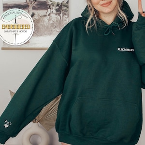 Custom Embroidered Roman Numeral Hoodie, Couple Shirt Initial On Sleeve, Anniversary Gift, Personalized Date Hoodie, Valentine&#39;s Day Gift