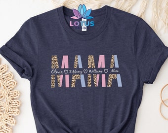Camiseta de mamá, camisa de mamá personalizada, camisa con nombre de niños, camisas del día de la madre, regalo de mamá personalizado, camisa con estampado de leopardo, camisa con nombre personalizado