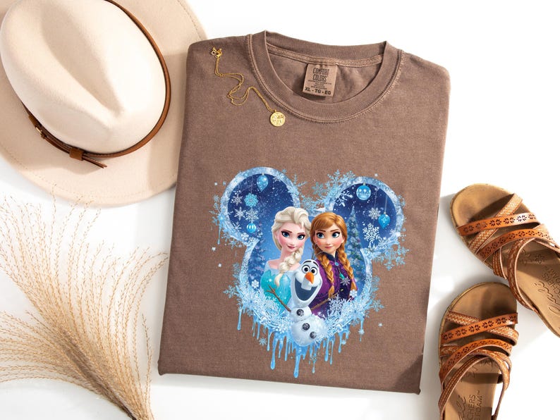 Princess Elsa, Anna, and Olaf Winter Shirt, Comfort Colors Gift, Disney Elsa Frozen Shirt, Frozen Character Tee, Mickey Head Shirt image 9
