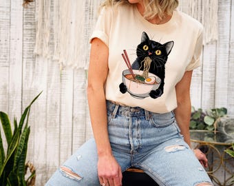 Black Cat Eating Ramen Noodles Tee, Retro Noodle Lover Shirt, Cat Kitchen Tee, Unique Gift for Animal, Black Cat Noodle, Cat Owner