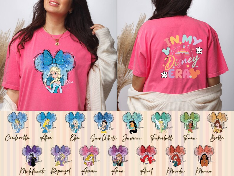 Puede incluir: Camiseta rosa con un gr&aacute;fico de una princesa de Disney con una diadema de Mickey Mouse. La parte posterior de la camiseta dice "In My Disney Era". Hay 12 opciones de princesas diferentes para elegir.