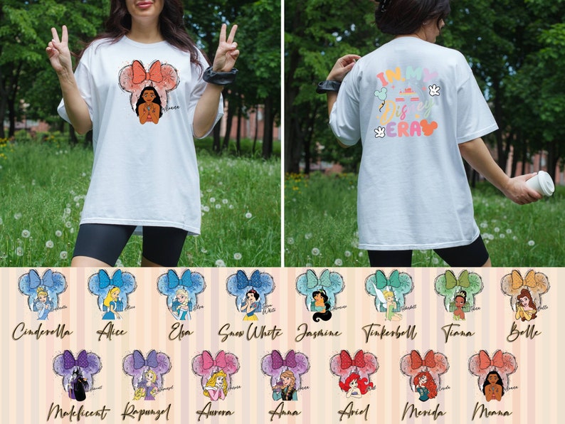 Puede incluir: Camiseta blanca con un gr&aacute;fico de una princesa Disney con una diadema de Minnie Mouse. La parte posterior de la camiseta dice "I'm in my Disney Era" con orejas y manos de Mickey Mouse. Hay 12 gr&aacute;ficos diferentes de princesas Disney en una cuadr&iacute;cula debajo de la camiseta.