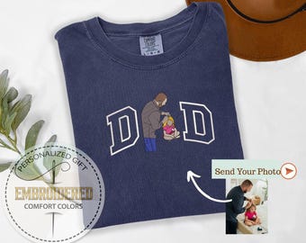 Embroidery Dad Kid Photo Tee, Custom Dad Photo, Father’s Day Gift, Personalized Embroidered Design, Comfort Colors T-Shirt, Cool Father