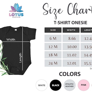 May include: Size chart for a T-shirt onesie with measurements in inches. The chart shows sizes 6M, 12M, 18M, and 24M with corresponding width and length measurements. The onesie is available in white, black, athletic heather, pink, and red.
