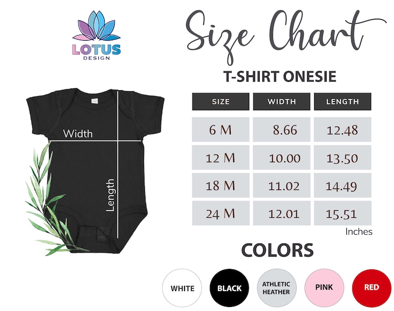 May include: Size chart for a T-shirt onesie with measurements in inches. The chart shows sizes 6M, 12M, 18M, and 24M with corresponding width and length measurements. The onesie is available in white, black, athletic heather, pink, and red.