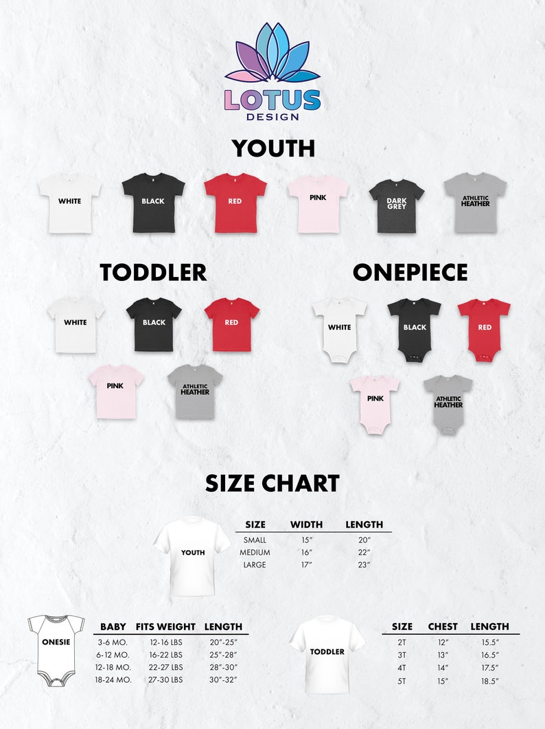May include: Size chart for youth, toddler, and baby onesies. The chart shows sizes, widths, lengths, chest measurements, and weight ranges. The chart is displayed on a white background with images of onesies in various colors.
