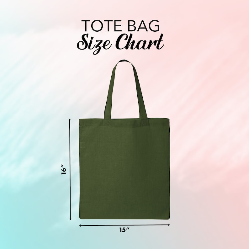 Puede incluir: Un bolso tote verde oliva con una tabla de tallas. La bolsa mide 40.6 cm de alto y 38.1 cm de ancho. El texto "TOTE BAG Size Chart" se muestra en la parte superior de la imagen.