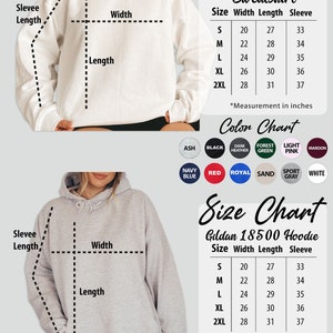 May include: Size chart for a heavy blended crewneck sweatshirt and a Gildan 18500 hoodie. The chart shows the width, length, and sleeve length in inches for sizes S, M, L, XL, and 2XL. The chart also includes a color chart with various colors for both the sweatshirt and hoodie.