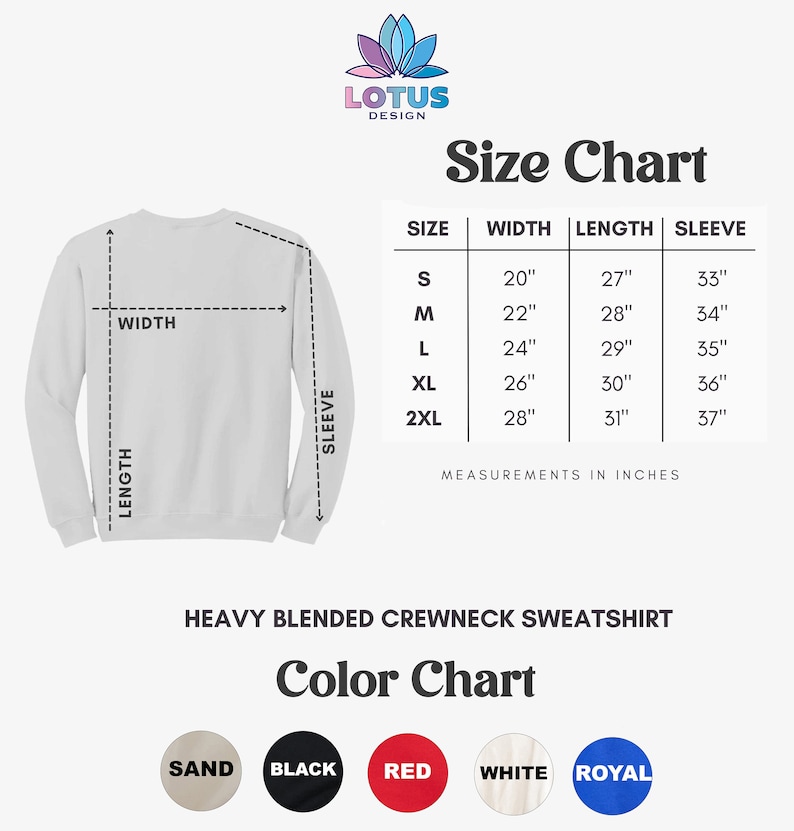 K&ouml;nnte beinhalten: Gr&ouml;&szlig;entabelle f&uuml;r ein schweres, gemischtes Crewneck-Sweatshirt in den Gr&ouml;&szlig;en S-2XL. Die Ma&szlig;e sind in Zoll angegeben. Die Farbtabelle zeigt das Sweatshirt in Sand, Schwarz, Rot, Wei&szlig; und Royalblau.