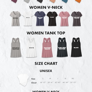 Pode incluir: Tabela de tamanhos para camisetas e tops de tanque unissex e para mulheres. A tabela mostra as medidas do peito e do busto em polegadas para diferentes tamanhos, incluindo S, M, L, XL e XXL. A tabela tamb&eacute;m inclui as medidas do comprimento do corpo e da largura do peito para os tops de tanque para mulheres.