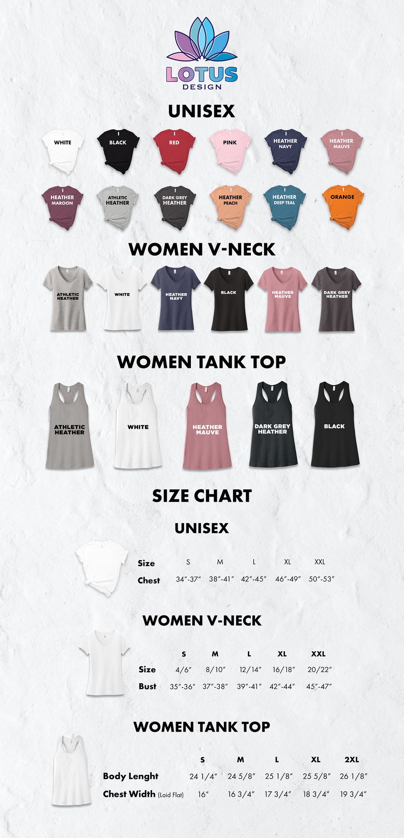 Pode incluir: Tabela de tamanhos para camisetas e tops de tanque unissex e para mulheres. A tabela mostra as medidas do peito e do busto em polegadas para diferentes tamanhos, incluindo S, M, L, XL e XXL. A tabela tamb&eacute;m inclui as medidas do comprimento do corpo e da largura do peito para os tops de tanque para mulheres.