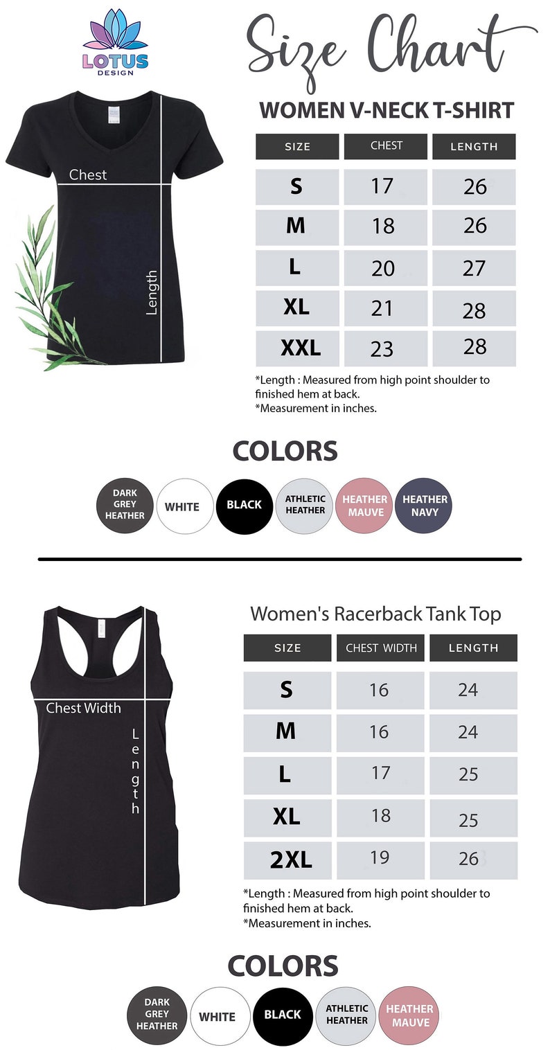May include: Size chart for women's V-neck t-shirts and racerback tank tops. The chart shows sizes from S to XXL with corresponding chest and length measurements in inches. Available colors include dark grey heather, white, black, athletic heather, heather mauve, and heather navy.