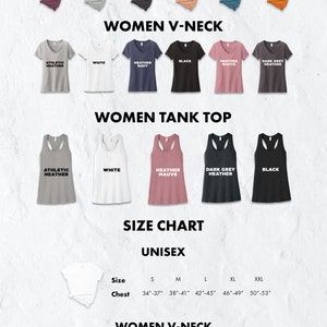 May include: Size chart for unisex and women's t-shirts and tank tops. The chart shows the chest and bust measurements in inches for different sizes, including small, medium, large, extra large, and extra extra large.