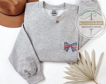 Embroidery July 4th Sweatshirt, American Bow Hoodie, USA Sweatshirt, Patriotic Hoodie, American Kids Wear, Red White Blue Embroidery