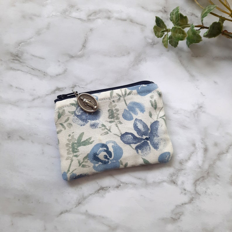 Handsewn Blue Floral Rosary Pouch With Marian Zipper Pull Etsy