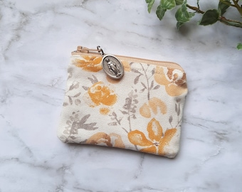 Hand-Sewn Yellow-Gold Floral Rosary Pouch with Marian Zipper Pull | Catholic Rosary Pouch | Rosary Case | Coin Purse