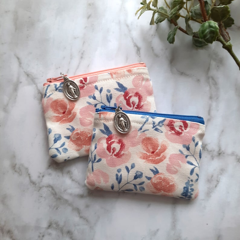 Handsewn Floral Rosary Pouch With Marian Zipper Pull Catholic Rosary