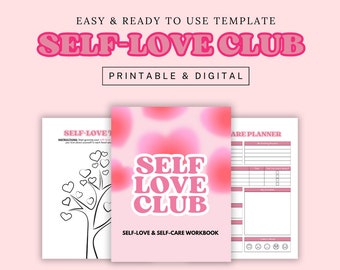 May include: Printable and digital self-love and self-care workbook with a pink and white color scheme. The cover features the text "SELF LOVE CLUB" in a pink and white retro font. The workbook includes a self-love tree coloring page and a self-care planner.