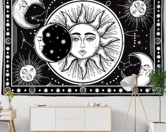 Tapiz Mandala de Sol y Luna, Arte de Pared Boho Vintage