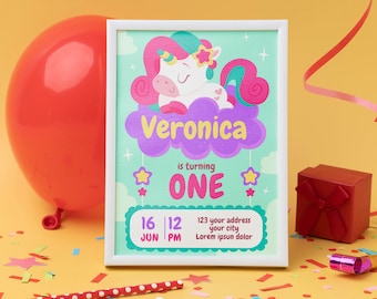 Linda plantilla de invitación de cumpleaños para niños con unicornio, invitación de cumpleaños colorida, plantilla de Canva editable, invitación de cumpleaños para niños en colores pastel