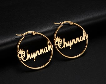 Pendientes de aro con nombre personalizado, Color dorado personalizado, acero inoxidable para pendientes, letras para mujer, placa con nombre, joyería circular