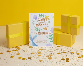Plantilla de invitación de cumpleaños de sirena: Invitación a fiesta en el océano (Plantilla editable de Canva)