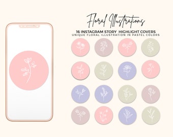 16 Portadas para Historias Destacadas de Instagram con Arte Lineal Floral, Iconos Pastel (Descarga Digital)