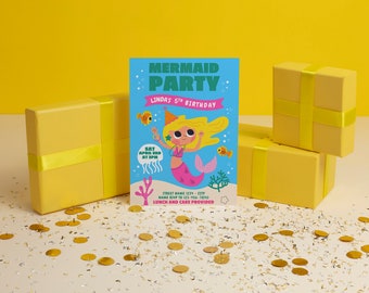 Plantilla de invitación de cumpleaños de sirena, invitaciones para fiesta oceánica (plantilla editable de Canva)